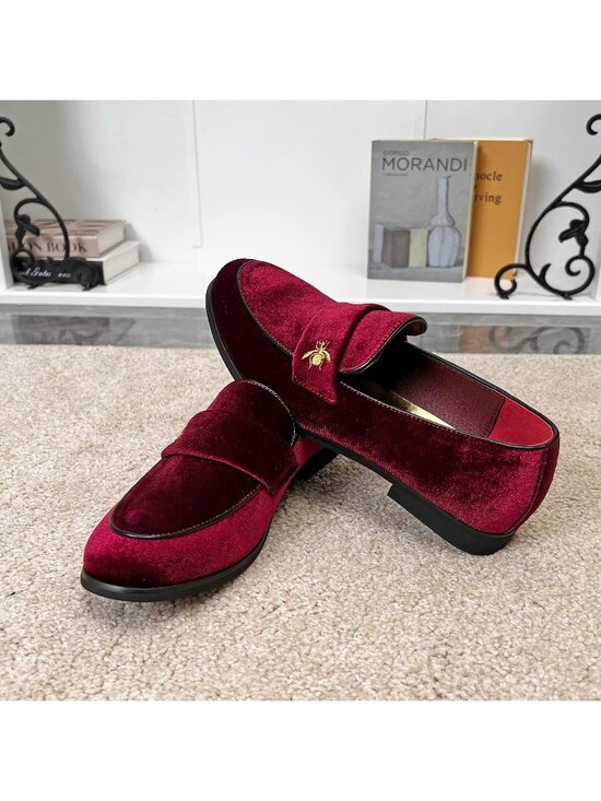 Men\'s Winered Velvet Penny Loafer Metal Buckle Slip On Luxury Suede Formal Shoes